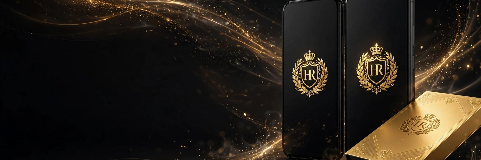 HR brand premium mobile LCD screens with golden HR crest on black and gold background